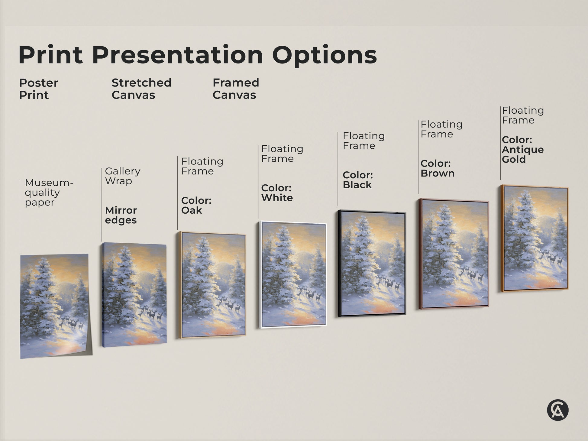 Print presentation options include poster print stretched canvas and framed canvas. Museum-quality paper has gallery wrap mirror edges. The floating frame comes in oak white black brown antique gold. This is deer in snowy forest art