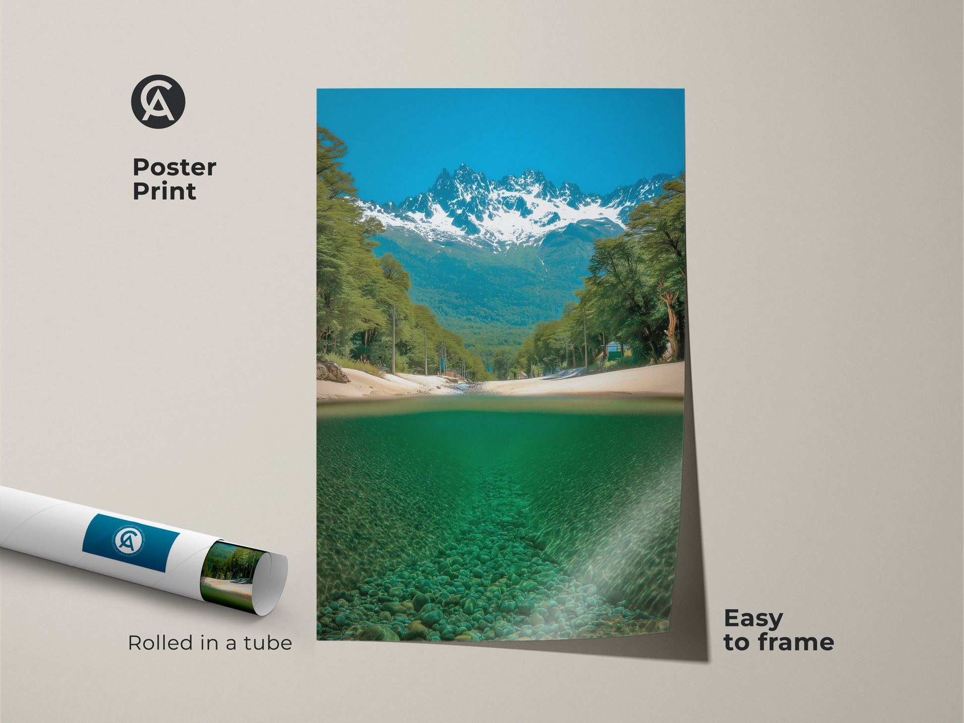 Bring nature's beauty into your home with this mountain river poster print. The snowy peaks and clear teal water capture a realistic landscape. Easy to frame this nature photography adds a touch of contemporary style. Rolled in a tube this print is perfect for outdoor lovers