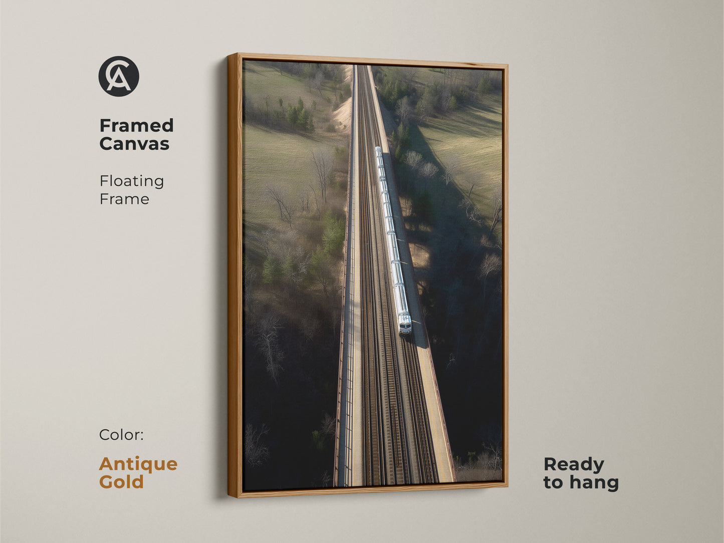 This framed canvas art presents a modern aerial train bridge. The floating frame adds a touch of luxury. It's ready to hang. Ideal as a gift for railway fans. The realistic transportation artwork enhances your home. The frame is antique gold.