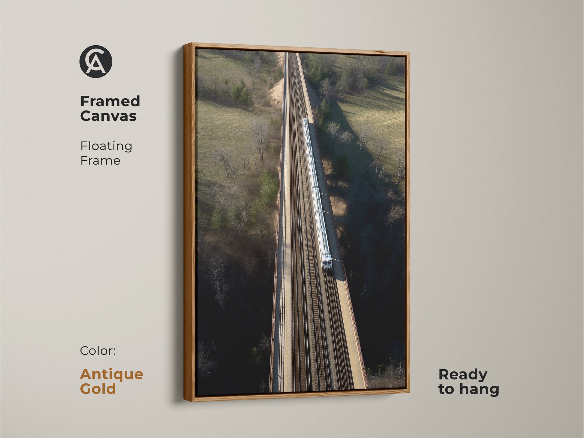 This framed canvas art presents a modern aerial train bridge. The floating frame adds a touch of luxury. It's ready to hang. Ideal as a gift for railway fans. The realistic transportation artwork enhances your home. The frame is antique gold.
