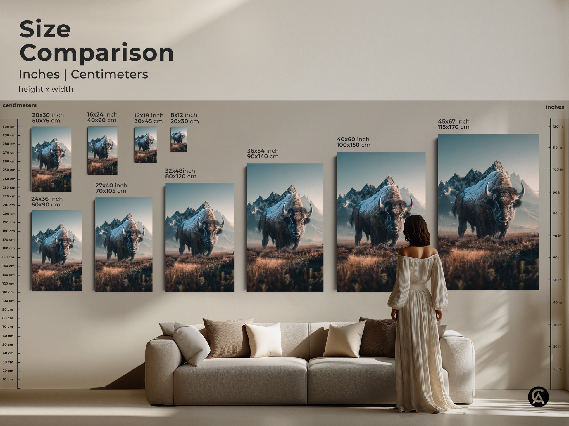 Size comparison of bison artwork. See how canvas and poster art scales in your space. Sizes range from 8x12 to 45x67 inches. Find the perfect size for your wall decor needs today.