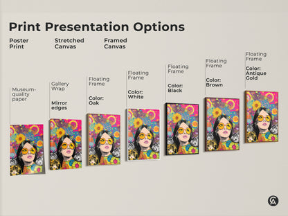 Print presentation options showcasing pop art of a woman with cats. Choose from poster stretched or framed canvas. This retro cat lover gift suits all tastes. The eclectic wall art print enhances any room. Hot pink yellow teal colors make it vibrant. Get a unique animal portrait canvas.