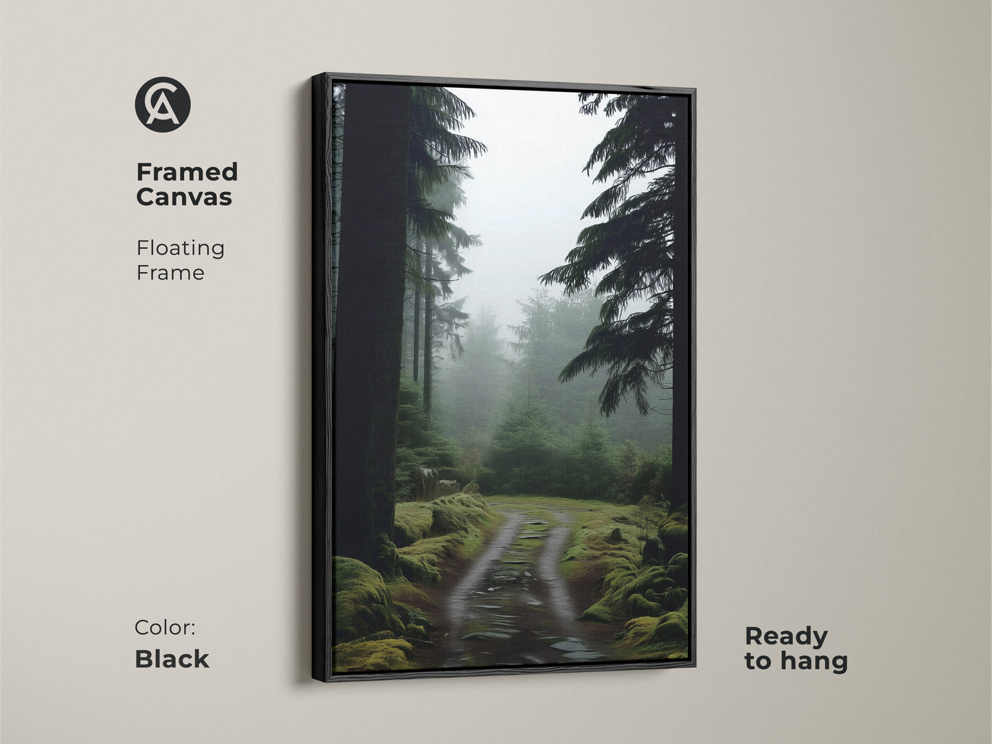 Framed canvas featuring a misty forest path artwork. Deep green pine trees enhance the rustic nature scene. Black floating frame adds elegance. Ready to hang for easy display. Perfect bedroom decor for nature lovers. A tranquil landscape.