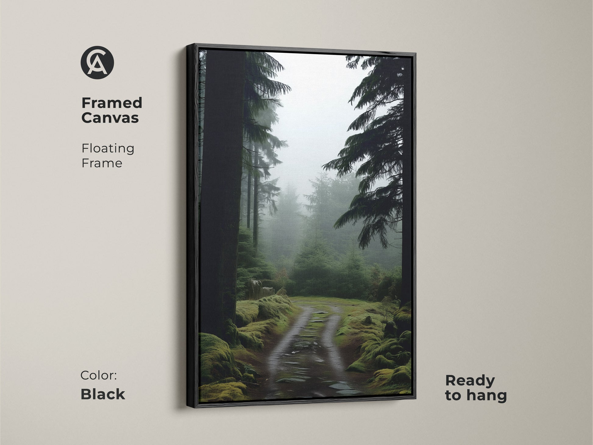 Framed canvas featuring a misty forest path artwork. Deep green pine trees enhance the rustic nature scene. Black floating frame adds elegance. Ready to hang for easy display. Perfect bedroom decor for nature lovers. A tranquil landscape.