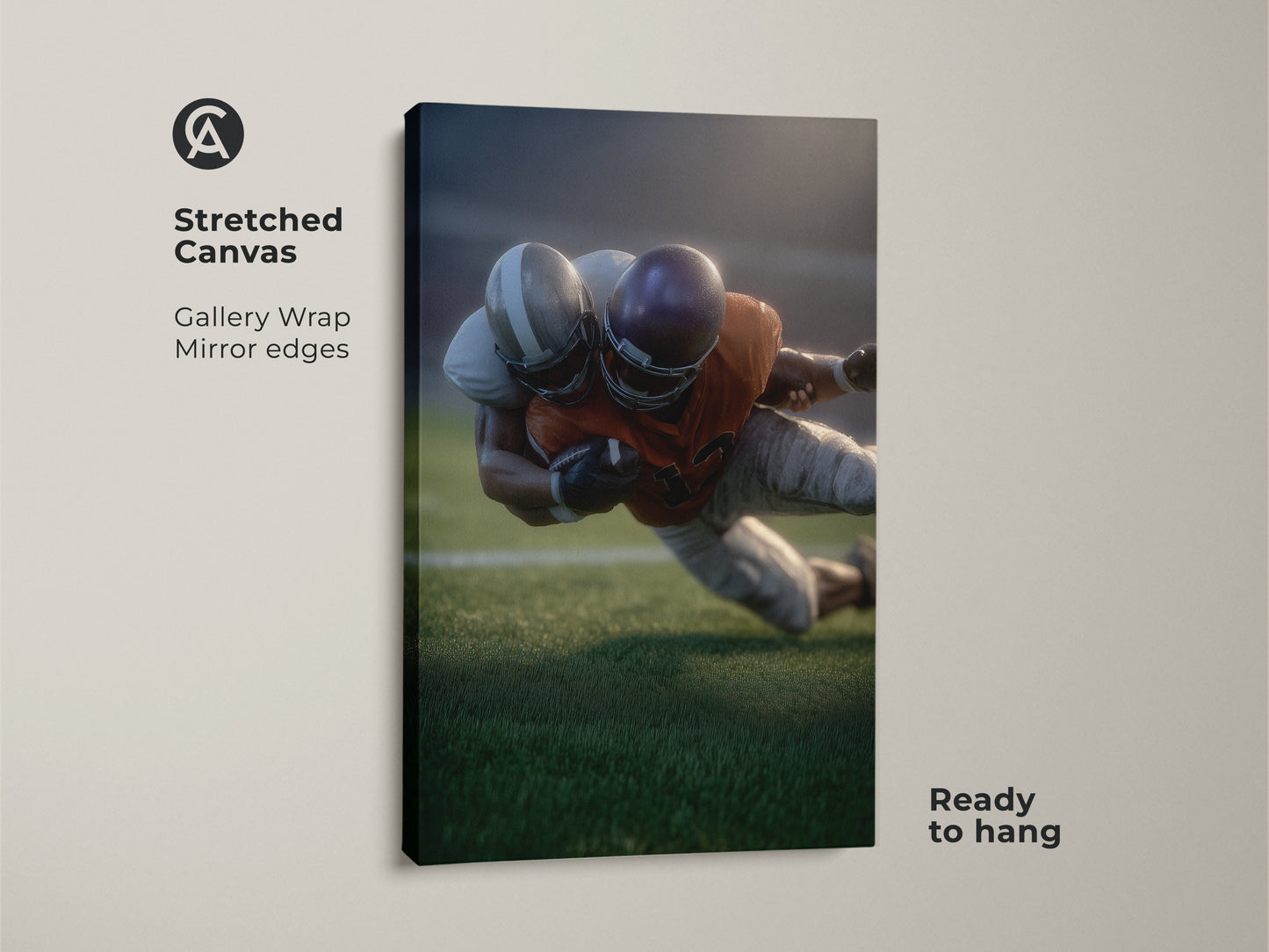 This stretched canvas showcases realistic football art. It features a gallery wrap with mirrored edges and is ready to hang. The sports action wall art brings a dynamic element to any space. Perfect as a gift for a football fan or to enhance modern office decor with team sports artwork.