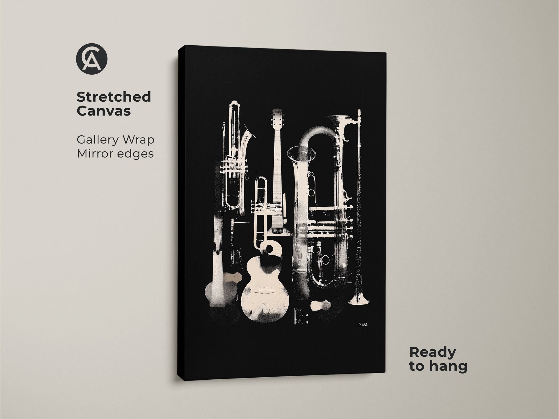 Stretched canvas musical instruments art. The canvas showcases a guitar trumpet tuba and clarinet. The instruments are arranged in a still life composition. This gallery wrapped canvas is ready to hang. It's a great addition to any music themed room.
