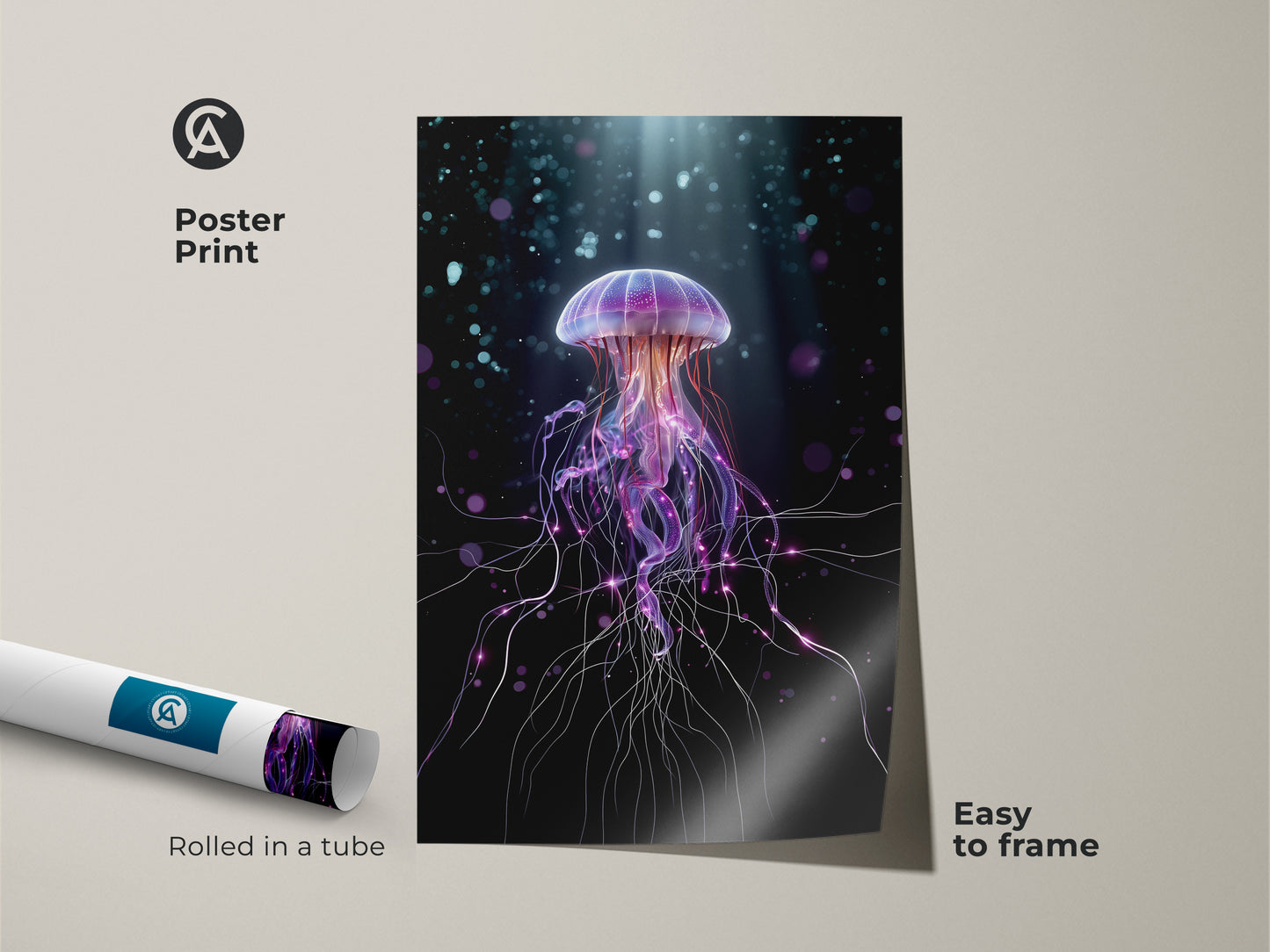 Poster print of a surreal jellyfish. Rolled in a tube and easy to frame. This purple and teal abstract ocean print adds fantasy to any room. The contemporary digital art brings ocean life to your bedroom decor. A unique wall hanging.