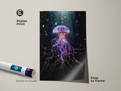 Poster print of a surreal jellyfish. Rolled in a tube and easy to frame. This purple and teal abstract ocean print adds fantasy to any room. The contemporary digital art brings ocean life to your bedroom decor. A unique wall hanging.