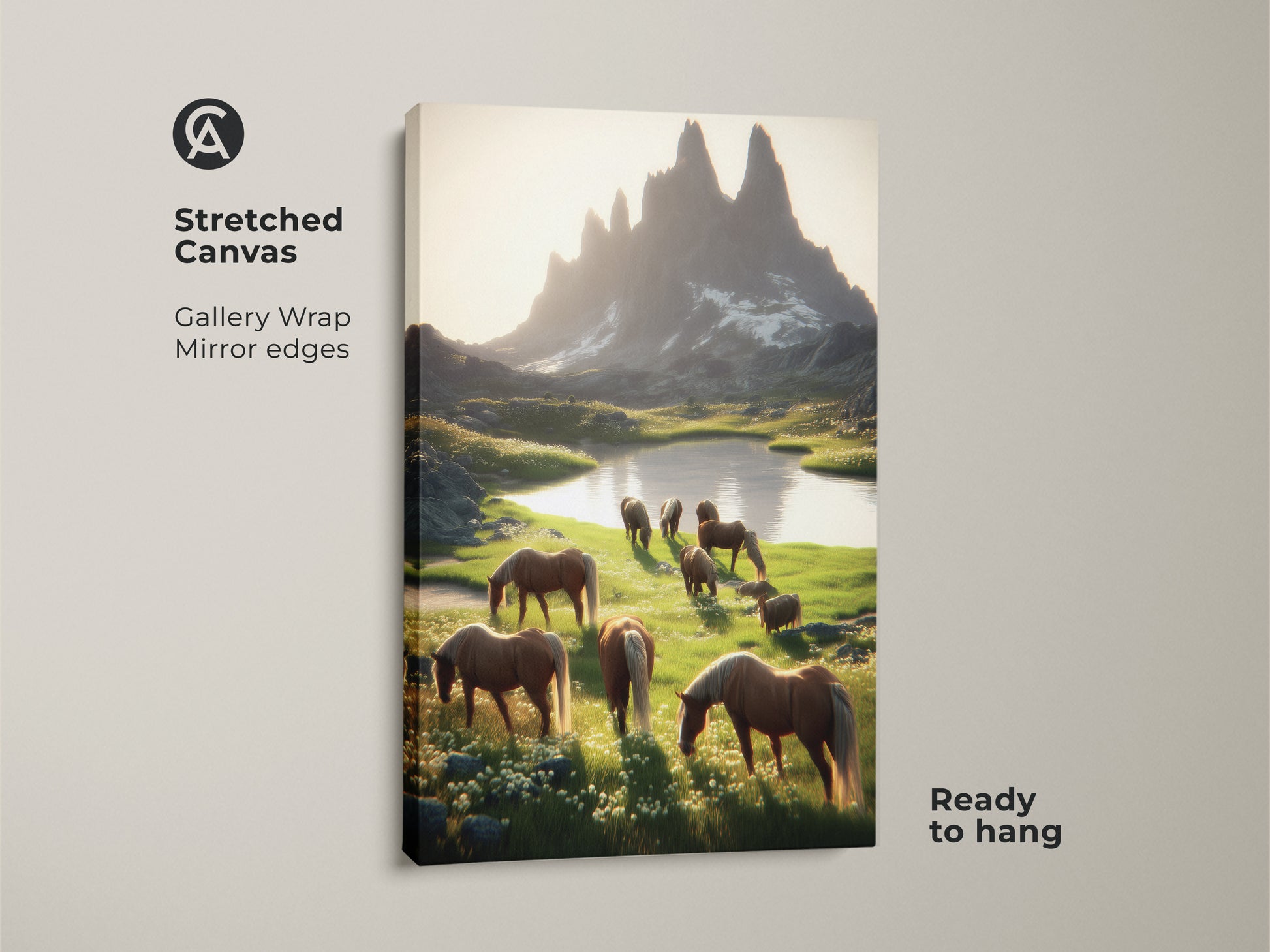 Gallery wrapped canvas print of horses grazing near mountains. The mirror edges enhance this rustic mountain landscape wall art. Ready to hang this equestrian home decor adds a touch of nature to any room. Perfect art for horse enthusiasts.