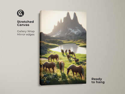 Gallery wrapped canvas print of horses grazing near mountains. The mirror edges enhance this rustic mountain landscape wall art. Ready to hang this equestrian home decor adds a touch of nature to any room. Perfect art for horse enthusiasts.