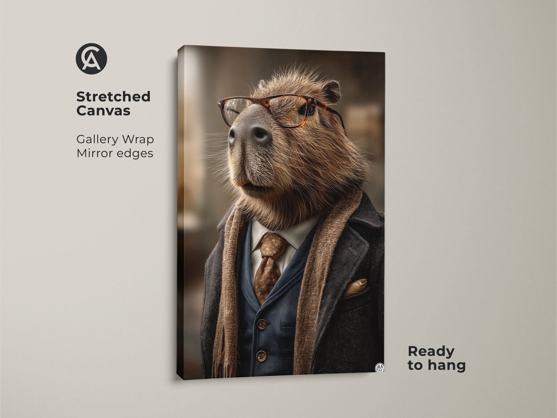 A stretched canvas gallery wrap displays a cultured capybara with glasses. This photorealistic animal portrait in tan blue and brown is ready to hang. It is a quirky gift for animal lovers and an eclectic addition to any space.
