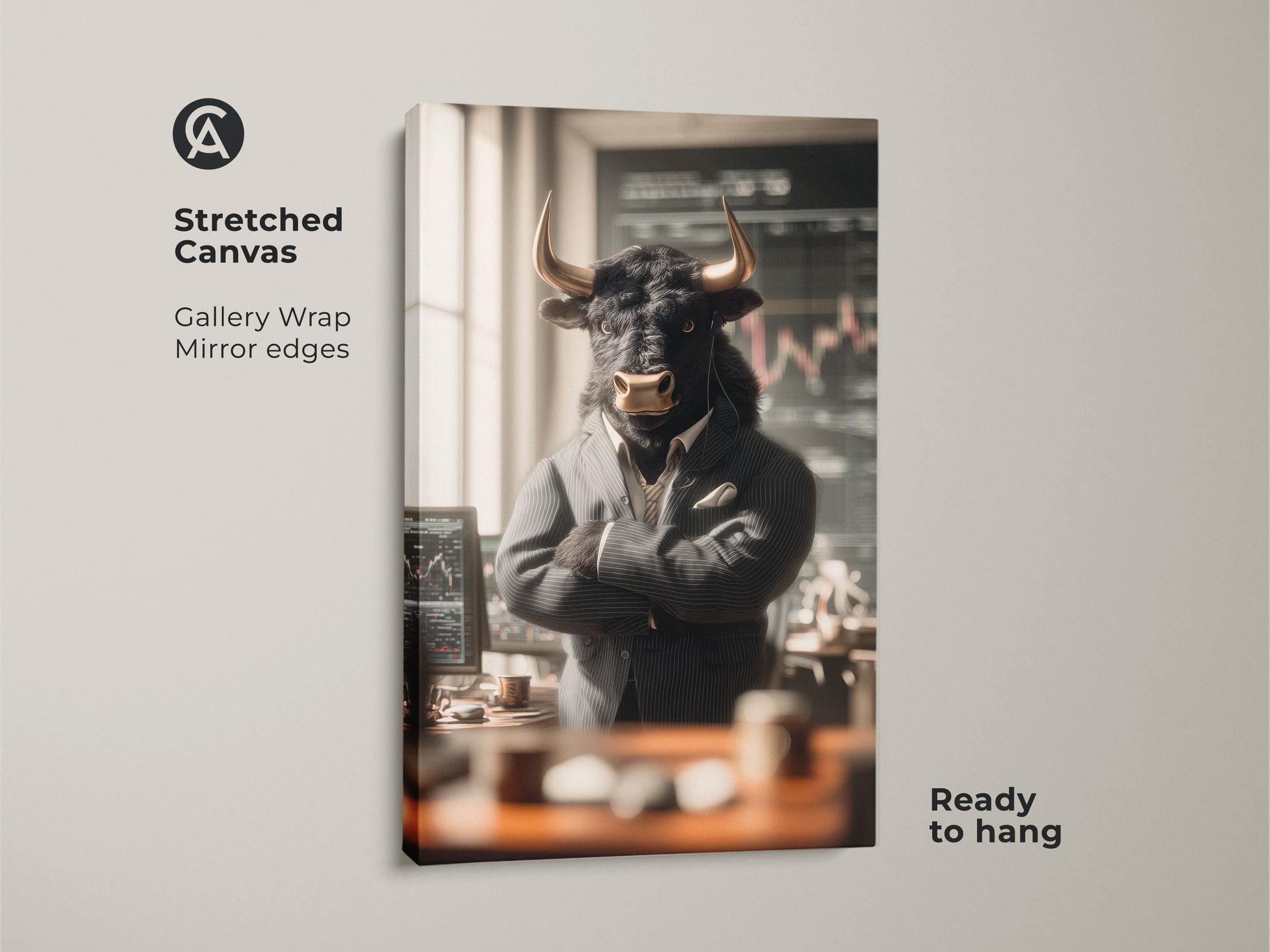 Stretched canvas art featuring a bull dressed in a suit. The gallery wrap and mirrored edges enhance the artwork's appeal. The bull stands in front of stock market data. Ready to hang this piece adds sophistication to any office or home.