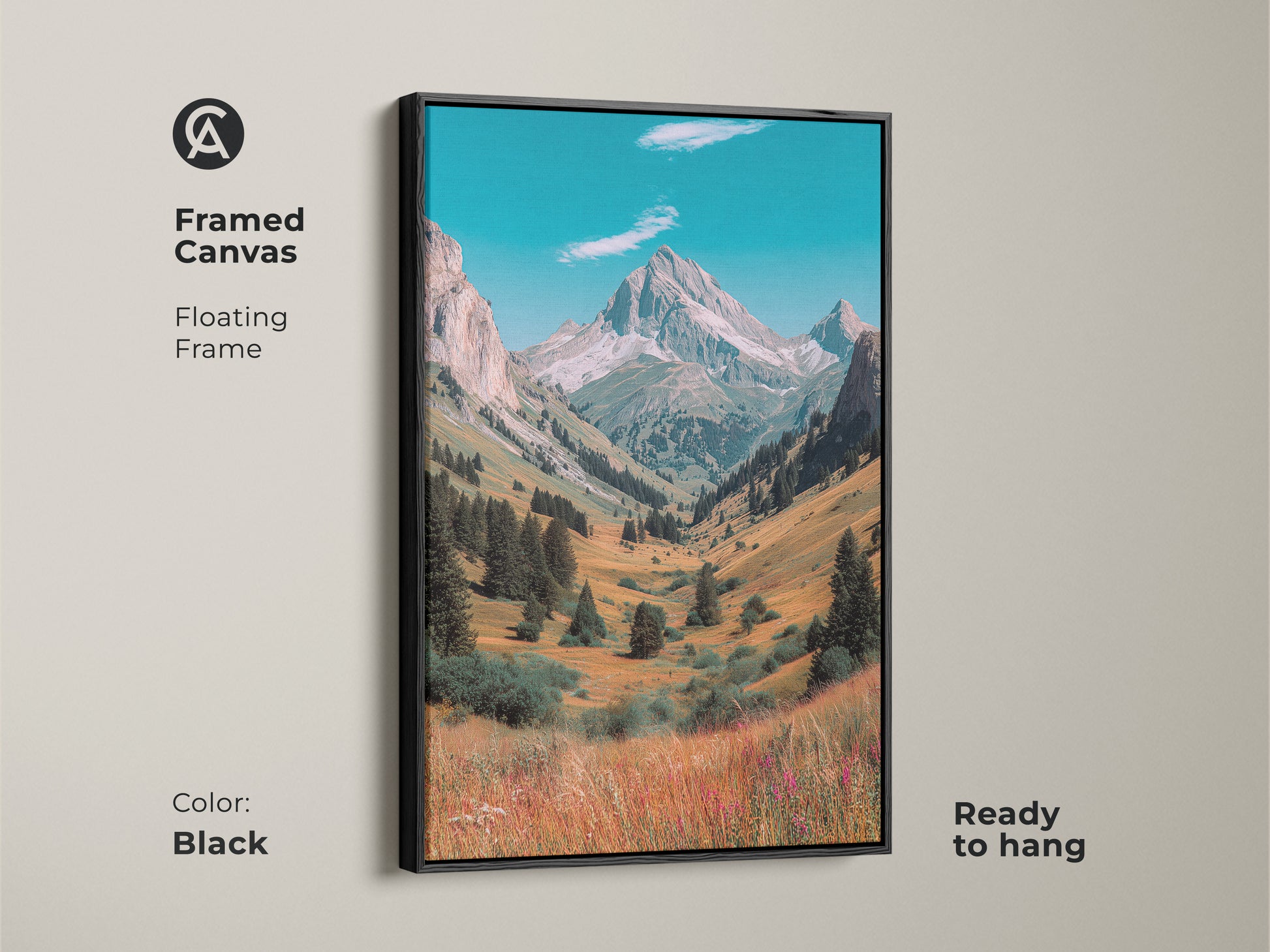 Framed canvas of a mountain valley landscape with a black floating frame. Ready to hang this framed artwork adds a touch of nature to any room. The mountain art evokes a sense of tranquility.