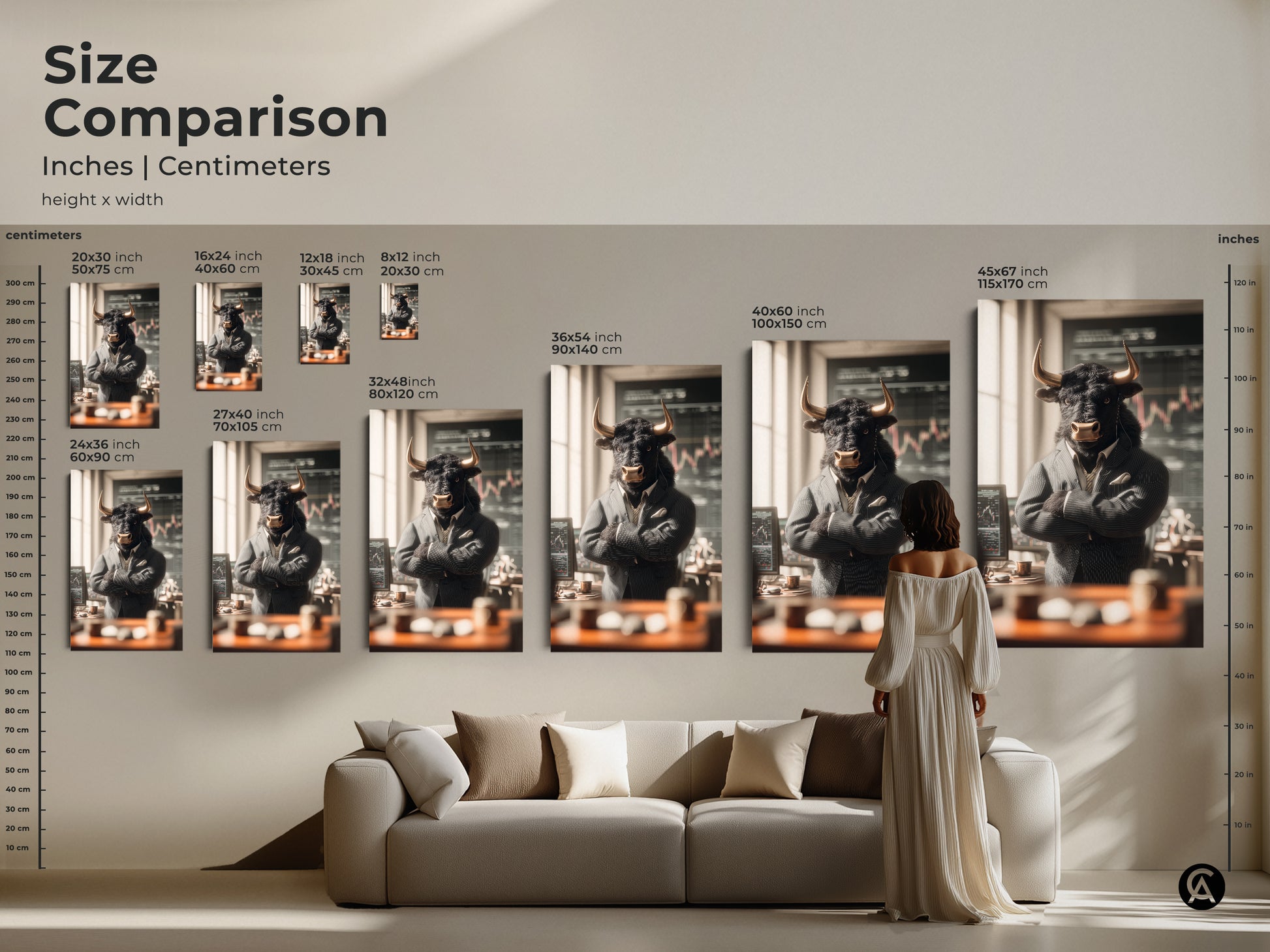 Size comparison of bull in suit art prints. The image showcases various sizes of the artwork. From 8x12 to 45x67 inches. Visualize how the art fits in different spaces. Find the ideal size for your home or office decor.
