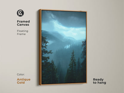 Deep blue landscape print of a mountain forest in an antique gold floating frame. This framed canvas is ready to hang. This rustic home decor art is an outdoor lover gift idea. Nature scene wall hanging for hiker's paradise. Teal forest artwork for bedroom wall decor.