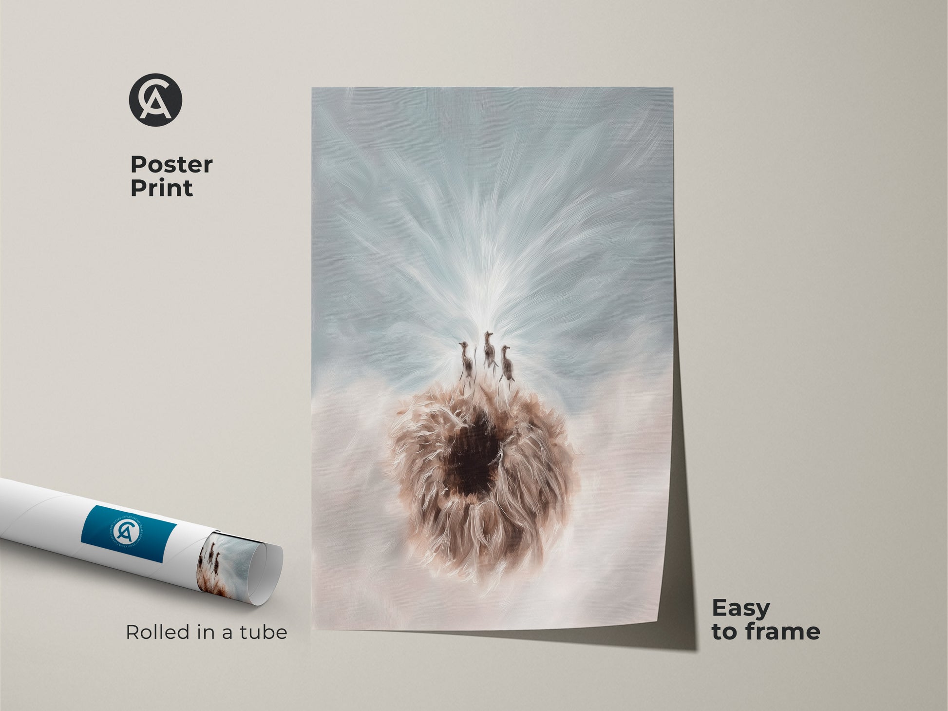 Here is the Surreal Meerkat & Dandelion art on a poster print. This boho fantasy animal wall decor features a blue and white nature scene. Perfect for framing and makes a unique gift.