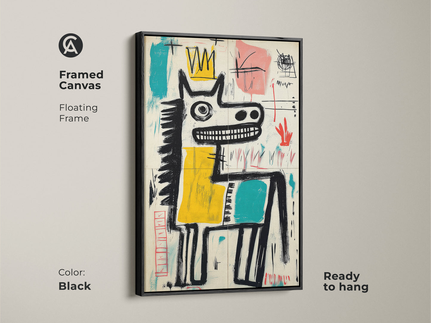 Framed canvas art print in a black floating frame. This artwork features a horse wearing a crown. The abstract style adds a modern touch. Ready to hang for convenient home decoration. A sleek piece.