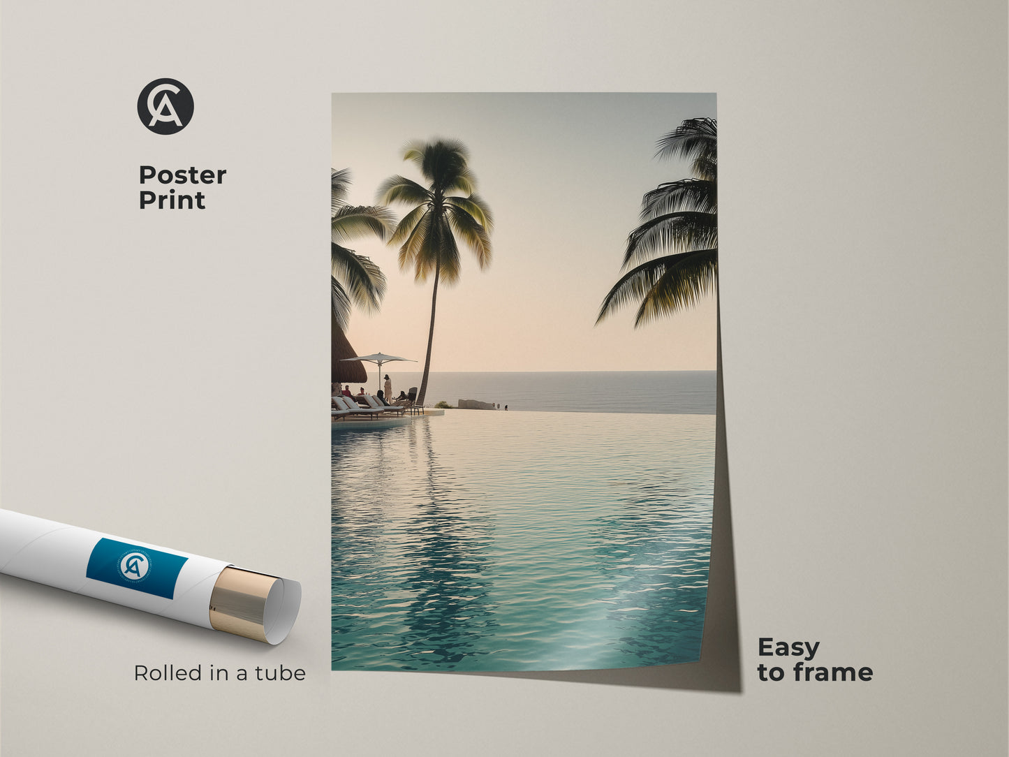 This poster print features an infinity pool and palm trees. Rolled in a tube it is easy to frame. Enjoy the coastal ocean view of this tropical beach landscape artwork in your home today.