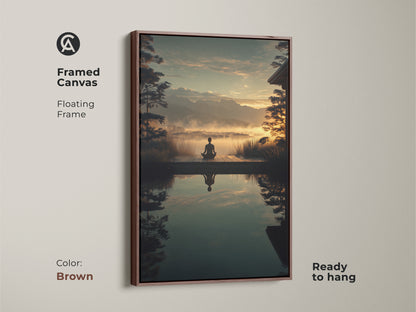 Framed Canvas of a Zen Mountain Landscape in a brown floating frame. This yoga meditation wall art brings spiritual nature to your home. The yoga pose silhouette and calming colors create a peaceful space. Ready to hang for instant mindful decor.