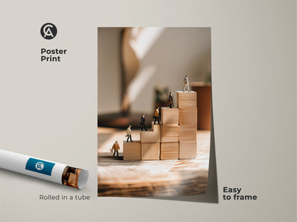 Poster print featuring miniature people ascending wooden blocks This motivational business artwork is rolled in a tube for easy framing The beige tan minimalist canvas print adds a conceptual touch to any office or workplace decor Perfect as an entrepreneur gift promoting success and career growth Contemporary abstract business art for a modern workplace