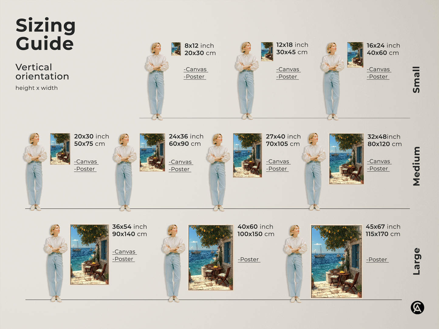 Discover the sizing guide for Mediterranean coastal art prints. Vertical orientation examples show various sizes with models. Find the ideal fit for your space. Options include canvas and poster prints. Perfect for beach house wall decor and housewarming gifts. Sizes from small to large are available.