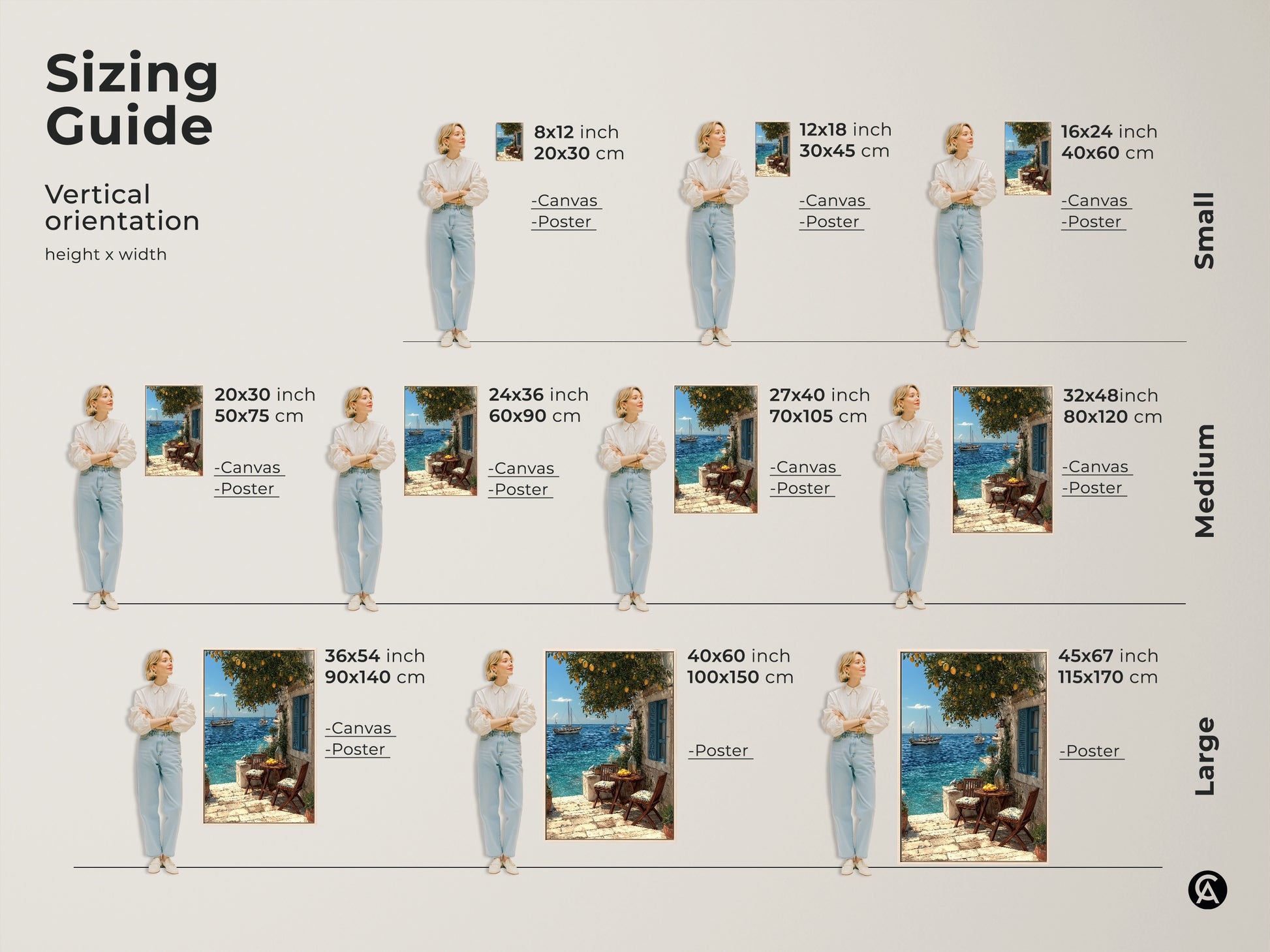 Discover the sizing guide for Mediterranean coastal art prints. Vertical orientation examples show various sizes with models. Find the ideal fit for your space. Options include canvas and poster prints. Perfect for beach house wall decor and housewarming gifts. Sizes from small to large are available.