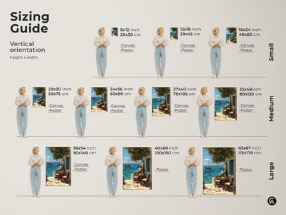 Discover the sizing guide for Mediterranean coastal art prints. Vertical orientation examples show various sizes with models. Find the ideal fit for your space. Options include canvas and poster prints. Perfect for beach house wall decor and housewarming gifts. Sizes from small to large are available.