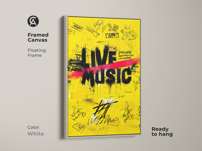 A framed canvas print presents yellow graffiti art. The street art canvas print is framed in white with a floating frame. 'Live Music' is the central theme. This modern music artwork is ready to hang.