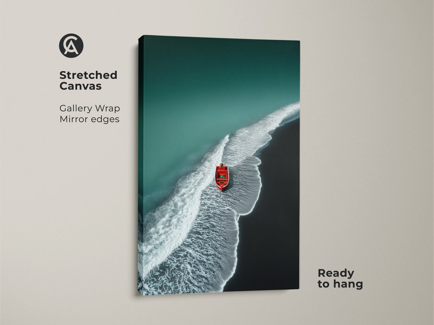 Stretched canvas print of an aerial beach. Teal waves gently meet the dark sand. A red boat is featured. Gallery wrapped with mirrored edges. Ready to hang coastal wall decor.