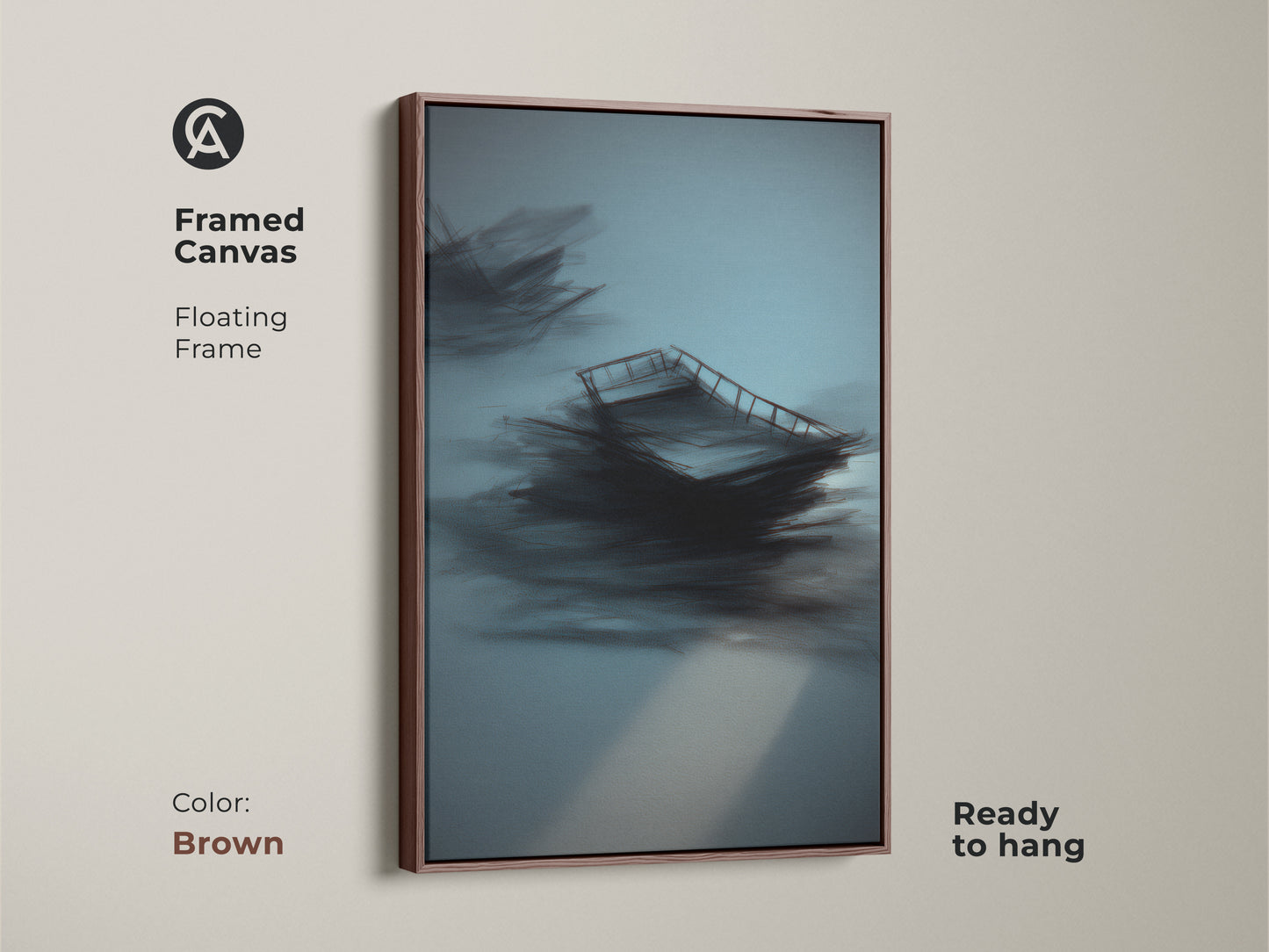 Brown framed canvas featuring teal abstract artwork. A minimalist sailboat nautical wall art piece. The floating frame adds elegance. Modern coastal decor for bedrooms or waterfront homes. Ready to hang.