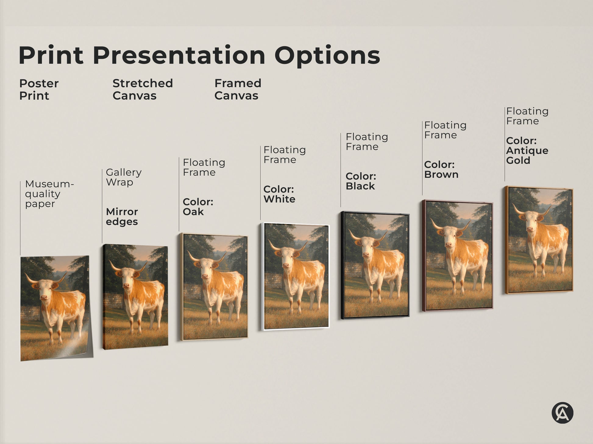 Explore print presentation options for longhorn cow art. Choose from poster prints stretched canvas and framed canvas. Options include gallery wrap museum-quality paper and floating frames. Find the perfect style to match your decor needs. Transform your space with animal art.