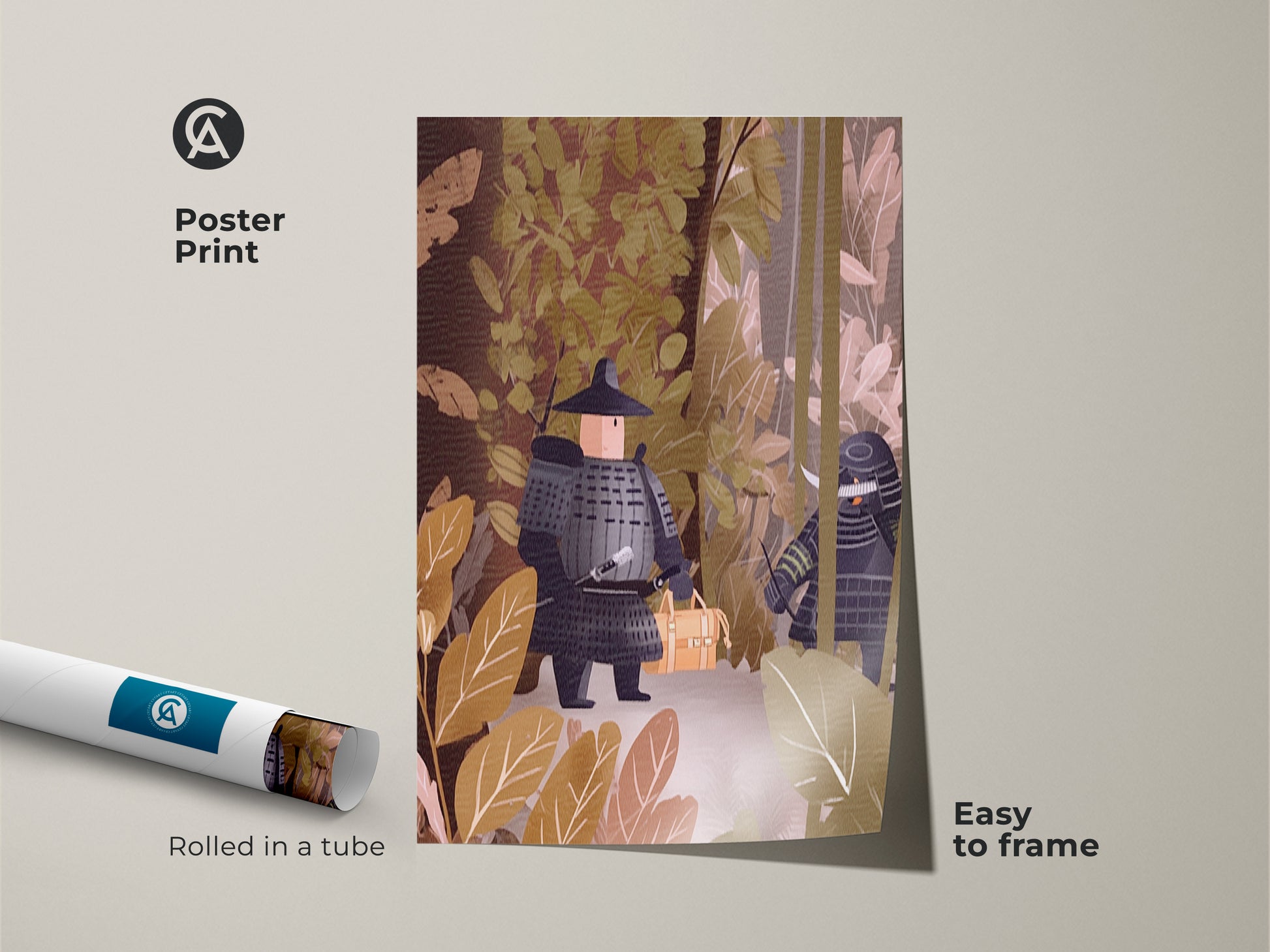 Poster print of minimalist warrior art. The artwork features a flat samurai warrior in a Japanese forest. This earthy brown and muted green wall decor is easy to frame. A unique gift for him or cultural wall decor.