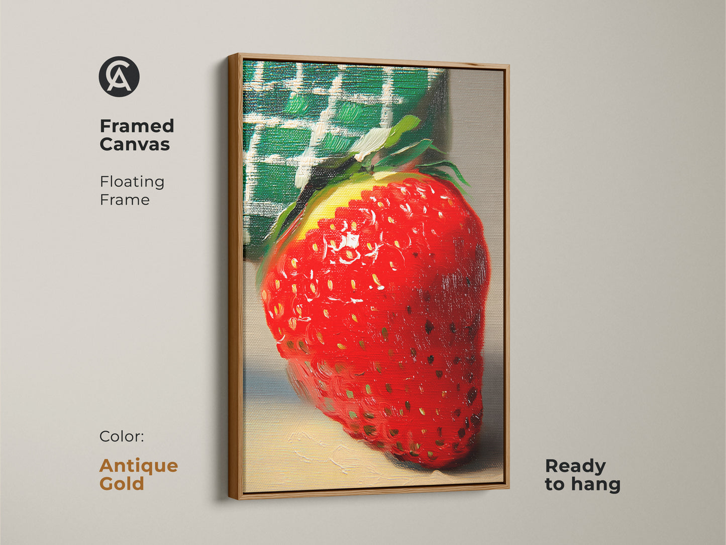 A framed canvas of a red strawberry art. This botanical kitchen scene is a yellow and green gift idea. It's an impressionist style fruit print. This dining room wall decor is ready to hang. The floating frame is antique gold.