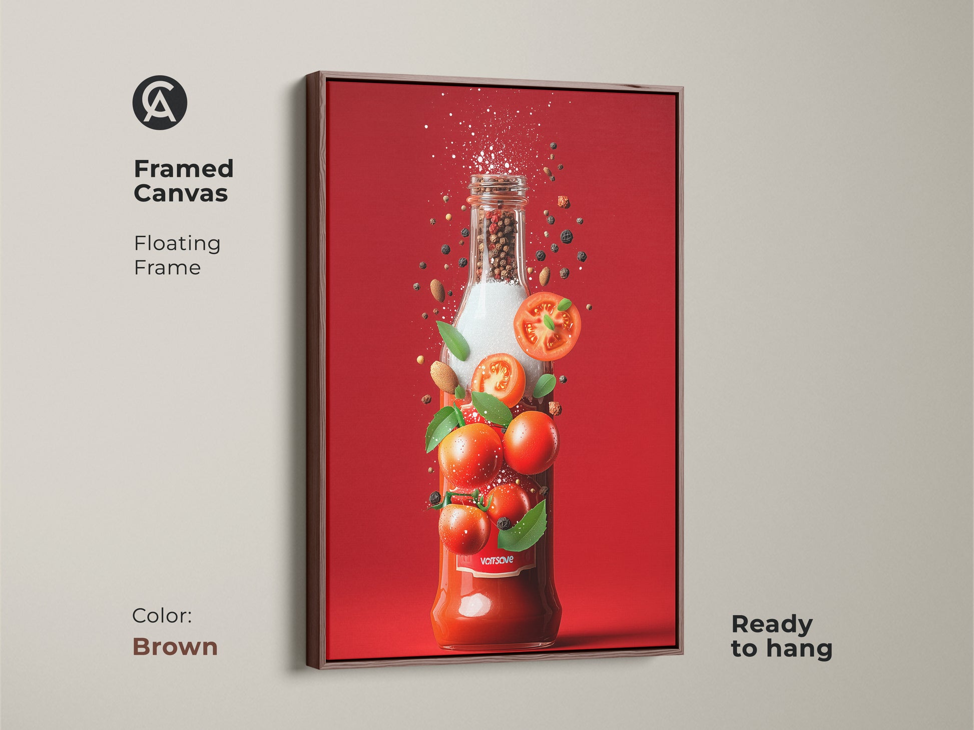 Brown framed tomato sauce bottle art. The art shows a bottle with tomatoes peppercorns spices and herbs. This vibrant artwork is a framed canvas with a floating frame. The art is ready to hang.
