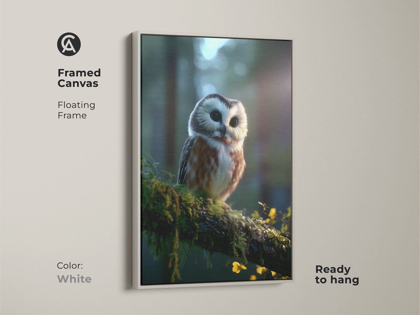 Framed canvas of a forest wildlife owl with a floating white frame. This rustic nature decor shows an owl perched on a mossy branch. The cozy forest art print is ready to hang. It is a perfect gift for those who love nature.