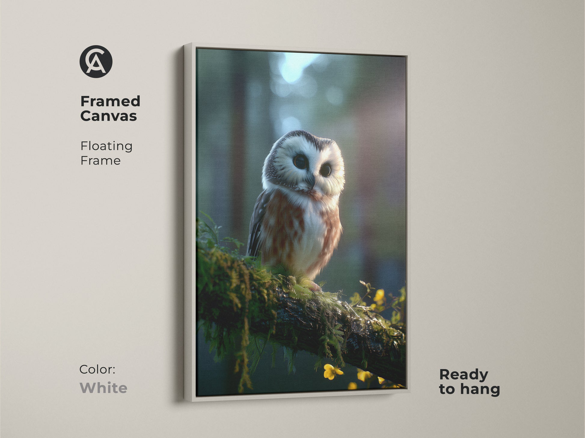 Framed canvas of a forest wildlife owl with a floating white frame. This rustic nature decor shows an owl perched on a mossy branch. The cozy forest art print is ready to hang. It is a perfect gift for those who love nature.