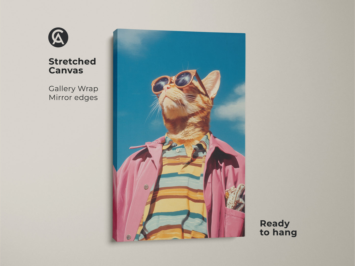 Stretched canvas art showcasing a cat in a pink jacket and sunglasses. This gallery-wrapped artwork has mirrored edges. It is ready to hang. A fun piece for modern interiors. Add character to your walls with this cat canvas.