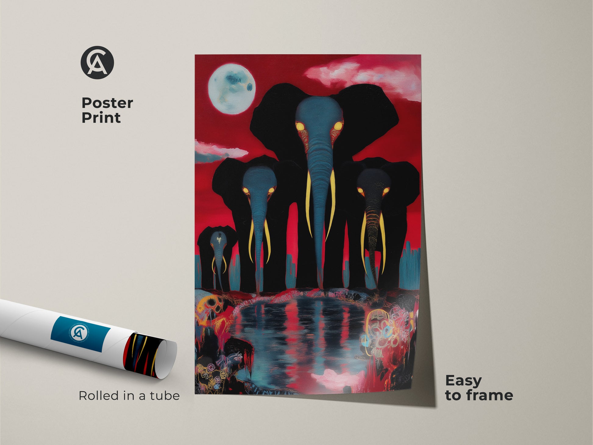 A poster print displays a surreal elephant family under a luminous moon. This easy-to-frame art comes rolled in a tube. The red blue black elephant painting offers an eclectic touch for any animal lover's space.