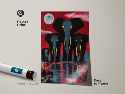 A poster print displays a surreal elephant family under a luminous moon. This easy-to-frame art comes rolled in a tube. The red blue black elephant painting offers an eclectic touch for any animal lover's space.