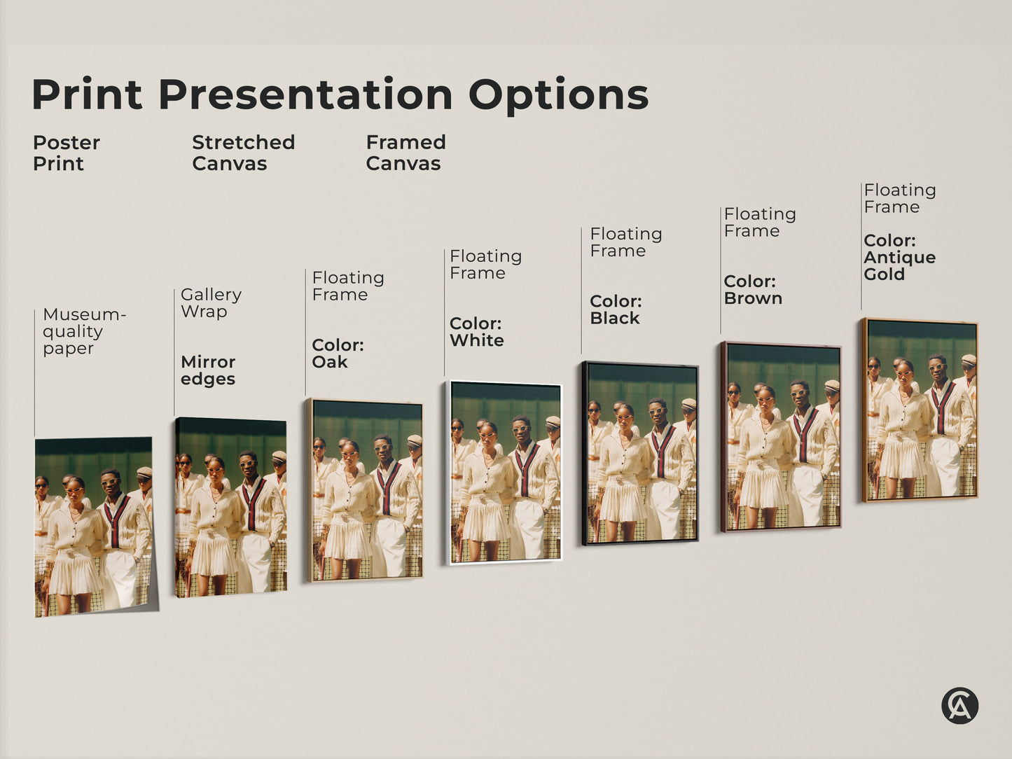 Various print presentation options are available. Options include poster print stretched canvas and framed canvas. Each features an artwork of tennis attire. Options for colors include black brown and antique gold.