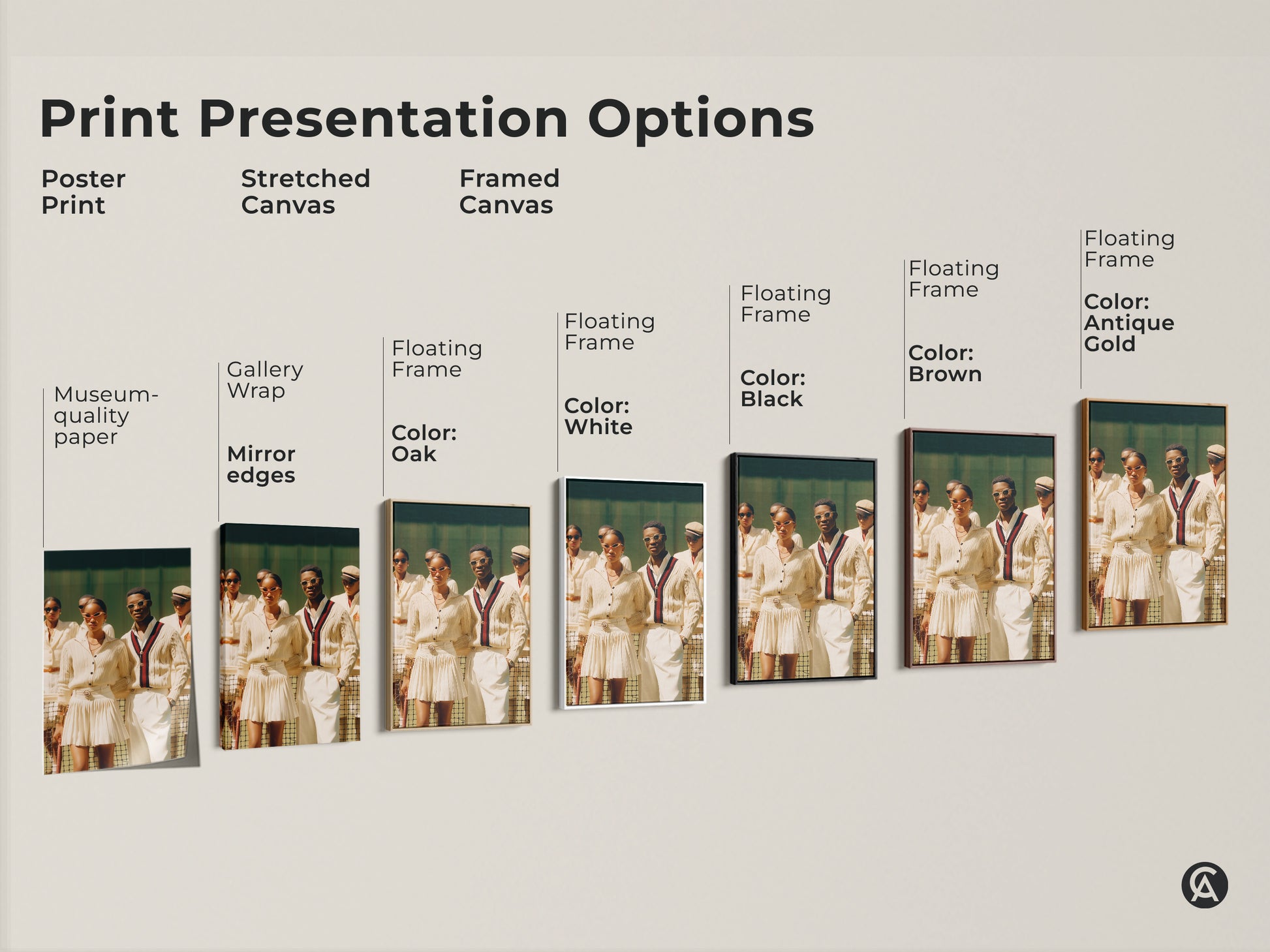 Various print presentation options are available. Options include poster print stretched canvas and framed canvas. Each features an artwork of tennis attire. Options for colors include black brown and antique gold.