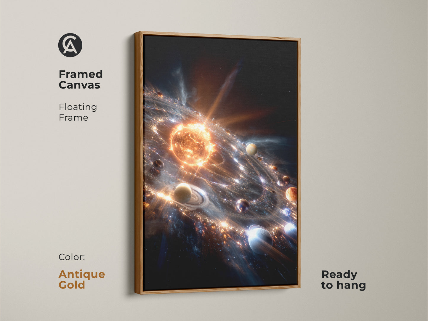 Framed canvas artwork showcases a captivating solar system illustration. The planets encircle the sun framed in antique gold. This ready-to-hang piece adds a touch of cosmic elegance. It's perfect for enhancing your home with unique astronomical art.