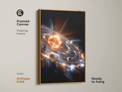 Framed canvas artwork showcases a captivating solar system illustration. The planets encircle the sun framed in antique gold. This ready-to-hang piece adds a touch of cosmic elegance. It's perfect for enhancing your home with unique astronomical art.