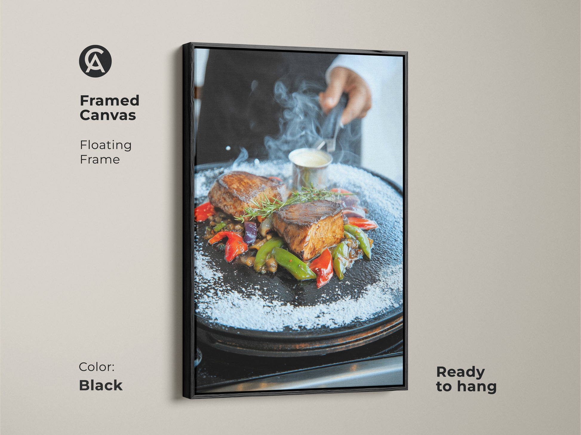 Black Framed Canvas of Gourmet Filet Mignon. This ready-to-hang artwork offers a sophisticated touch to restaurant interiors. The contemporary style and rich colors make it an appetizing focal point. Floating frame enhances the visual appeal.