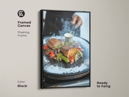 Black Framed Canvas of Gourmet Filet Mignon. This ready-to-hang artwork offers a sophisticated touch to restaurant interiors. The contemporary style and rich colors make it an appetizing focal point. Floating frame enhances the visual appeal.