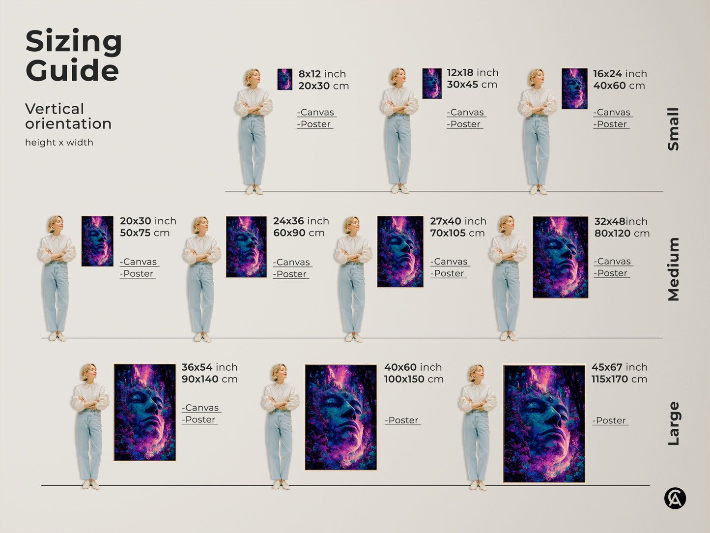 Sizing guide for vertical serene face and jungle art prints. Visualize artwork dimensions with a model. Available in small medium and large sizes. Choose from canvas or poster prints. Find the perfect fit for your space. Transform your walls with stunning art.