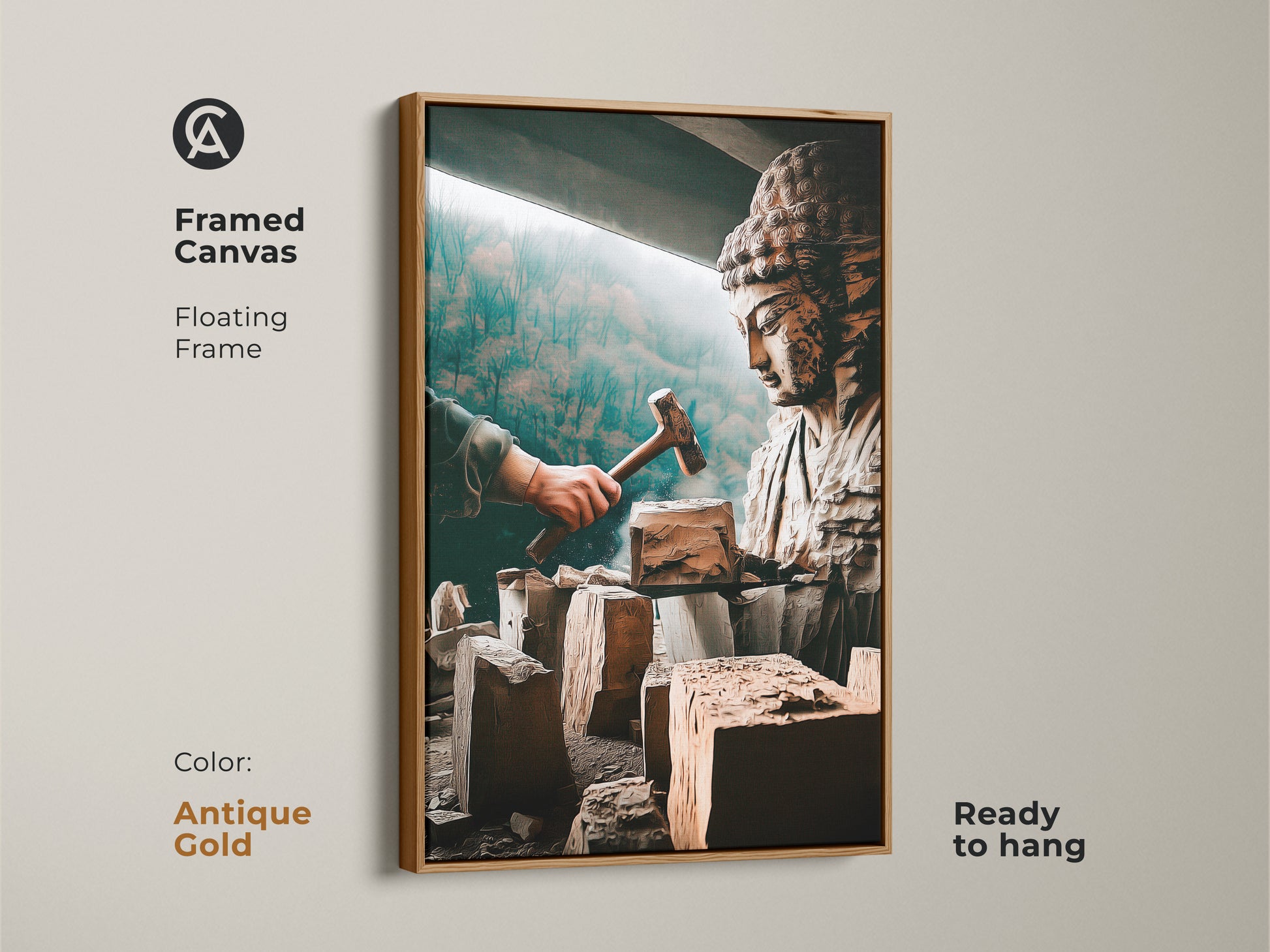 Spiritual Buddha sculpture art in a framed canvas. This artistic figurine canvas print has a floating antique gold frame. The bronze brown and teal spiritual art is ready to hang. Ideal for meditation room decor or study room wall art. This carved Buddha artwork is an artistic home accent