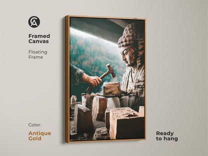 Spiritual Buddha sculpture art in a framed canvas. This artistic figurine canvas print has a floating antique gold frame. The bronze brown and teal spiritual art is ready to hang. Ideal for meditation room decor or study room wall art. This carved Buddha artwork is an artistic home accent