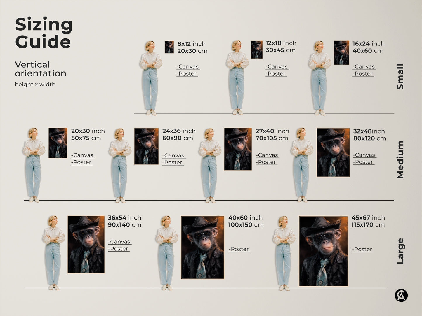 Sizing guide for vertical orientation canvas and poster prints. Available in small medium and large sizes. The detailed chimp face artwork is perfect for any space. Stylish monkey with hat art to enhance your space. Elevate any space today.