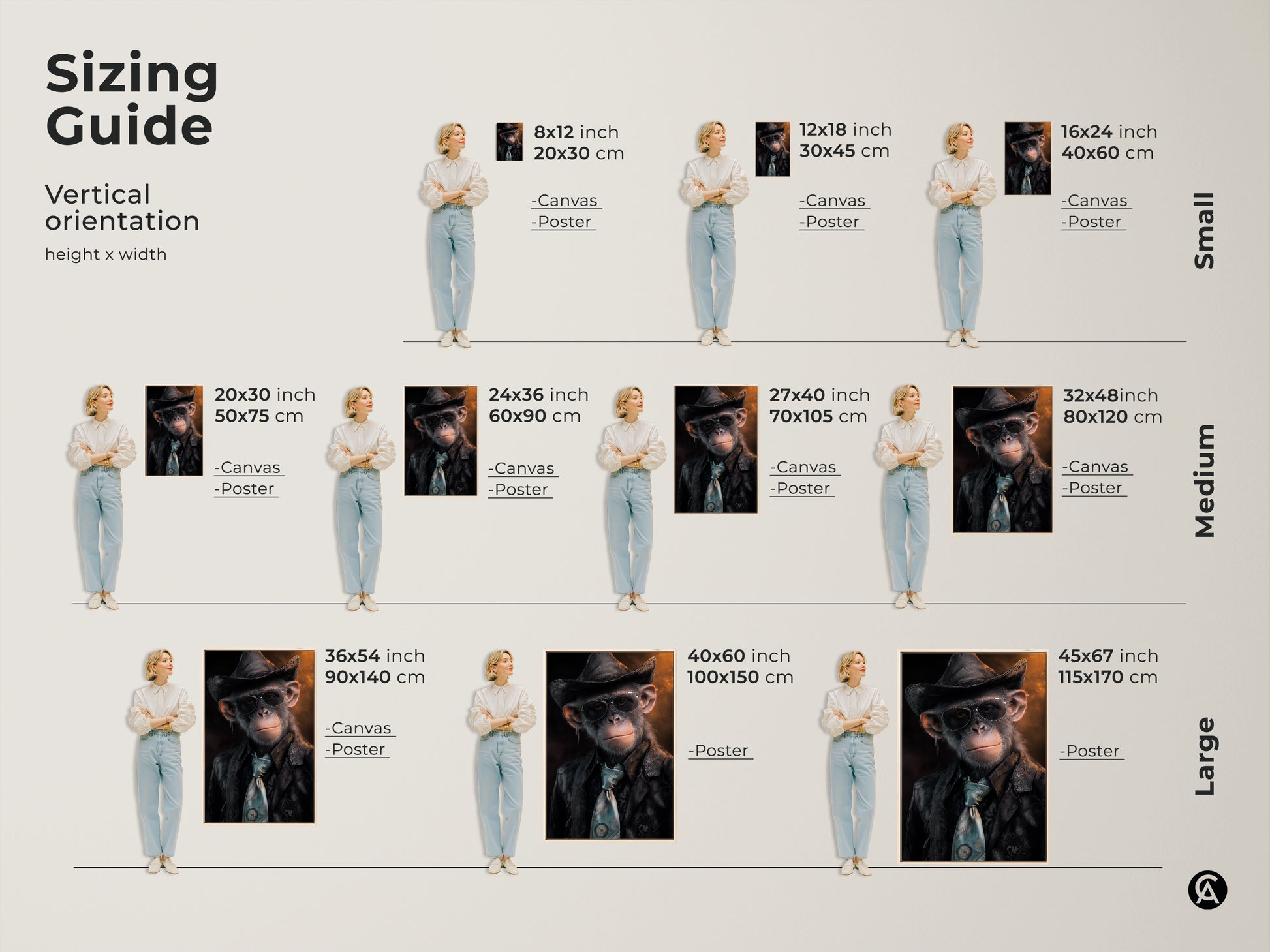 Sizing guide for vertical orientation canvas and poster prints. Available in small medium and large sizes. The detailed chimp face artwork is perfect for any space. Stylish monkey with hat art to enhance your space. Elevate any space today.